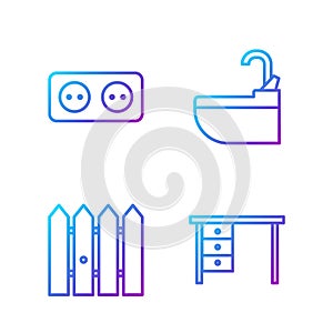 Set line Office desk, Garden fence wooden, Electrical outlet and Washbasin with water tap. Gradient color icons. Vector