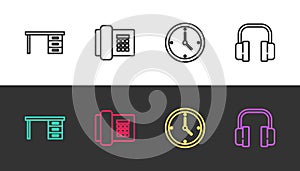 Set line Office desk, Telephone, Clock and Headphones on black and white. Vector