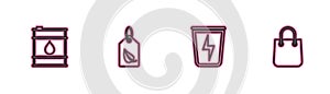 Set line Oil barrel, Lightning with trash can, Tag leaf and Shopping bag icon. Vector