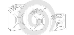 Set of line Oil Canister for motor oil and Barrel oil isometric linear illustration icon of 20 10 and 5 litres