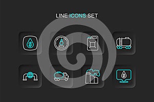 Set line Oil drop with dollar symbol, and gas industrial factory, Tanker truck, pipe valve, railway cistern, Canister