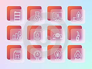 Set line Oil drop with dollar symbol, Motor gas gauge, pipe valve, Contract money and pen, Word oil, Barrel and petrol