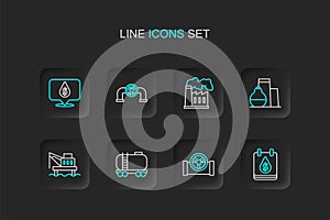 Set line Oil drop with dollar symbol, pipe valve, railway cistern, platform in the sea, tank storage, and gas industrial