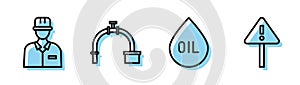 Set line Oil drop, Oilman, Industry pipe and valve and Exclamation mark in triangle icon. Vector