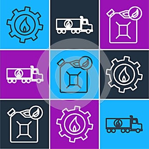 Set line Oil industrial factory building, Bio fuel canister and Tanker truck icon. Vector
