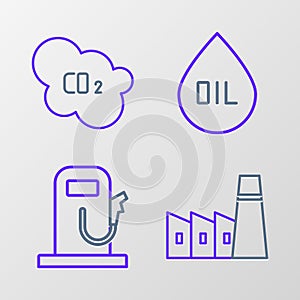Set line Oil industrial factory building, Petrol gas station, drop and CO2 emissions cloud icon. Vector