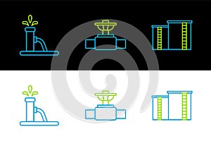 Set line Oil industrial factory building, pump pump jack and Industry pipe and valve icon. Vector