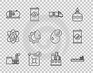 Set line Oil industrial factory building, tanker ship, Tanker truck, Bio fuel canister, and barrel icon. Vector