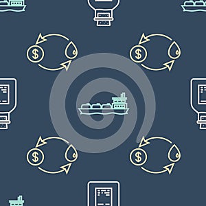 Set line Oil petrol test tube, Oil exchange and Oil tanker ship on seamless pattern. Vector