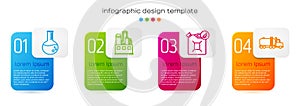 Set line Oil petrol test tube, Oil industrial factory building, Bio fuel canister and Tanker truck. Business infographic