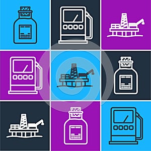 Set line Oil petrol test tube, Oil platform in the sea and Petrol or gas station icon. Vector