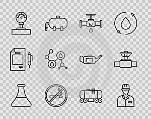 Set line Oil petrol test tube, Oilman, Broken pipe with leaking water, No Smoking, Gauge scale, Molecule oil, railway