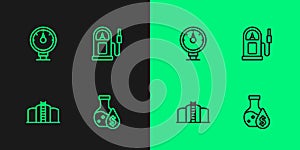 Set line Oil petrol test tube, tank storage, Motor gas gauge and Petrol station icon. Vector