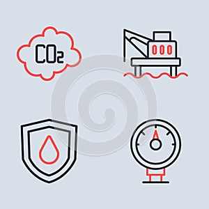 Set line Oil platform in the sea, drop on shield, Motor gas gauge and CO2 emissions cloud icon. Vector