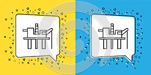 Set line Oil platform in the sea icon isolated on yellow and blue background. Drilling rig at sea. Oil platform, gas