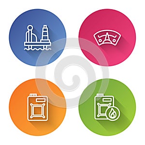 Set line Oil platform in the sea, Motor gas gauge, Canister motor oil and . Color circle button. Vector