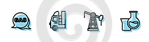 Set line Oil pump or pump jack, Location and gas station, Gas tank for vehicle and petrol test tube icon. Vector