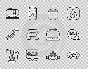 Set line Oil pump or pump jack, Motor gas gauge, Propane tank, Location and station, storage, Gas for vehicle, Metallic