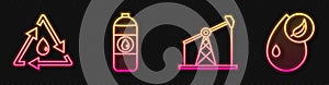 Set line Oil pump or pump jack, Oil drop with recycle, Canister for motor machine oil and Bio fuel. Glowing neon icon