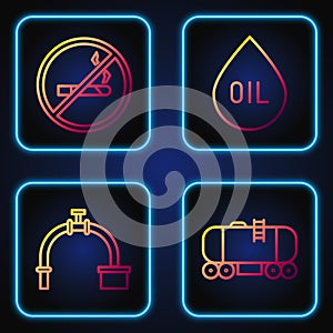 Set line Oil railway cistern, Industry pipe and valve, No Smoking and Oil drop. Gradient color icons. Vector