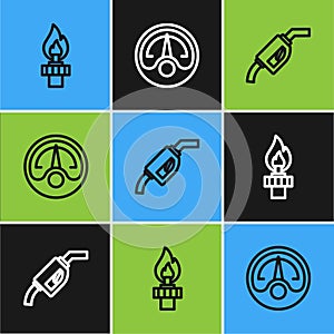 Set line Oil rig with fire, Gasoline pump nozzle and Motor gas gauge icon. Vector