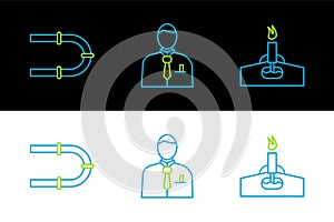 Set line Oil rig with fire, Industry pipe and Businessman or stock market trader icon. Vector