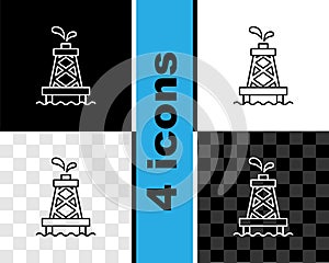 Set line Oil rig icon isolated on black and white, transparent background. Gas tower. Industrial object. Vector