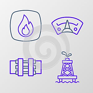 Set line Oil rig, Metallic pipes and valve, Motor gas gauge and Fire flame icon. Vector