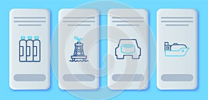 Set line Oil rig, Spare wheel in the car, Industrial gas cylinder tank and tanker ship icon. Vector