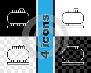 Set line Oil tank storage icon isolated on black and white, transparent background. Vessel tank for oil and gas