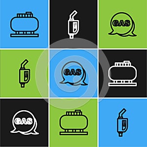 Set line Oil tank storage, Location and gas station and Gasoline pump nozzle icon. Vector