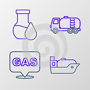 Set line Oil tanker ship, Location and gas station, Tanker truck and petrol test tube icon. Vector