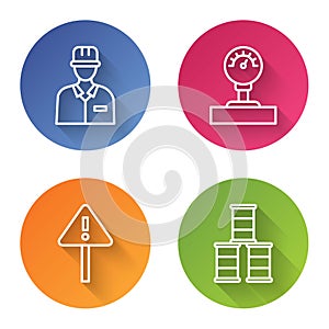 Set line Oilman, Gauge scale, Exclamation mark in triangle and Barrel oil. Color circle button. Vector