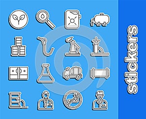 Set line Oilman, Industry pipe, pump or pump jack, Canister for motor oil, Gasoline nozzle, Barrel, Bio fuel and icon