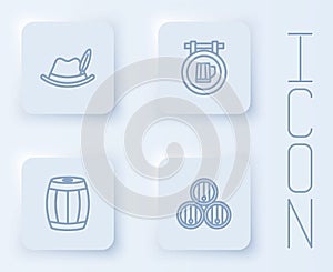 Set line Oktoberfest hat, Street signboard with beer, Wooden barrel and . White square button. Vector