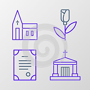 Set line Old crypt, Death certificate, Flower rose and Church building icon. Vector