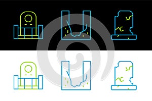 Set line Old grave with tombstone, Grave and Cemetery digged hole icon. Vector