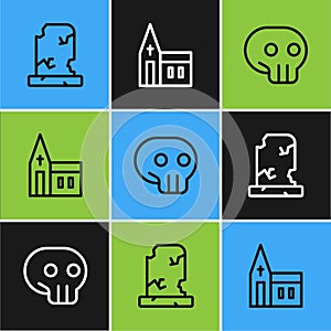 Set line Old grave with tombstone, Skull and Church building icon. Vector