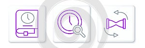 Set line Old hourglass with sand, Time for book and Magnifying clock icon. Vector