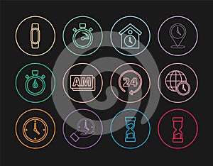 Set line Old hourglass, World time, Retro wall watch, Clock AM, Stopwatch, Smartwatch, 24 hours and icon. Vector