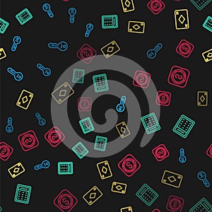 Set line Old key, Lottery ticket, Playing card with diamonds and Coin money dollar on seamless pattern. Vector