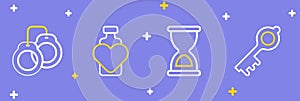 Set line Old magic key, hourglass, Bottle with love potion and Handcuffs icon. Vector