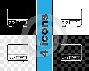 Set line Old video cassette player icon isolated on black and white, transparent background. Old beautiful retro hipster