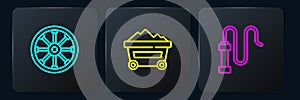 Set line Old wooden wheel, Leather whip and Coal mine trolley. Black square button. Vector