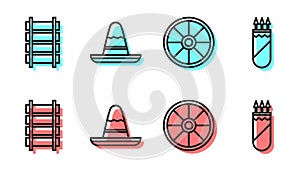 Set line Old wooden wheel, Railway, railroad track, Mexican sombrero hat and Quiver with arrows icon. Vector