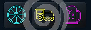 Set line Old wooden wheel, Wooden beer mug and Retro train. Black square button. Vector