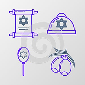 Set line Olives branch, Balloons with ribbon with star of david, Jewish kippah and Torah scroll icon. Vector