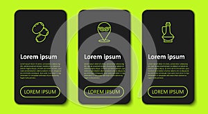 Set line Olives, Carnival mask and Bottle of olive oil. Business infographic template. Vector