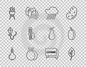 Set line Onion, Leaf or leaves, Cloud with rain, Peach fruit, Barbecue grill, Meteorology thermometer, Speech bubble