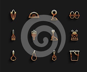 Set line Onion, Pear, Corn, Shovel, Bucket, Cereals with rice, wheat, corn, oats, rye, Windmill and the ground icon